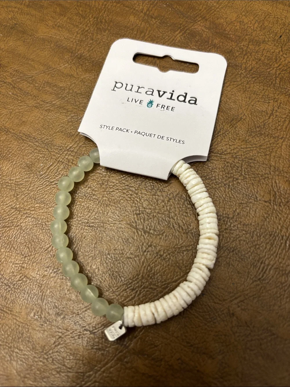 Pura Vida Pale Green glass Beads & white Mother of Pearl Bracelet